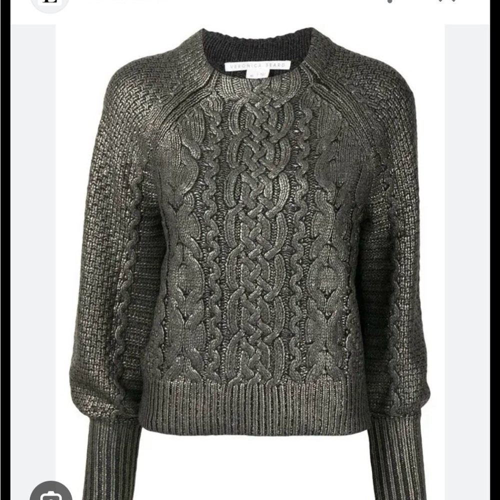 Veronica Beard Green Metallic Cable Knit Sweater